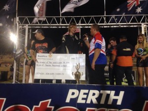 Kaiden Manders with the Magic man 34 Trophy and cheque Pic credit Perth Motorplex